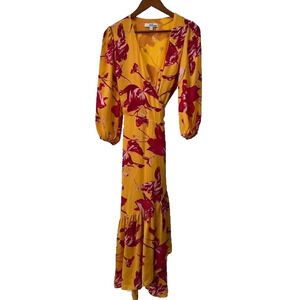 Color Me Courtney Eleanor Wrap Dress Tie Side 3/4 Sleeves V Neck Floral Yellow M